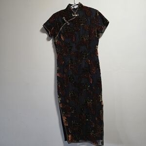 Black vintage elegant Chinese maxi dress leaves embroidered suede allover
